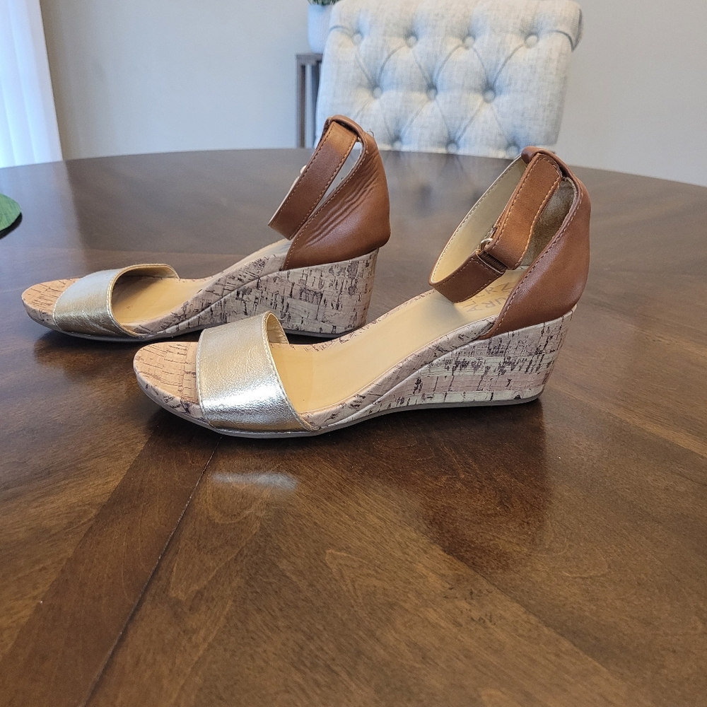 Naturalizer Two-Tone Metallic & Brown Cork Wedge Sandals